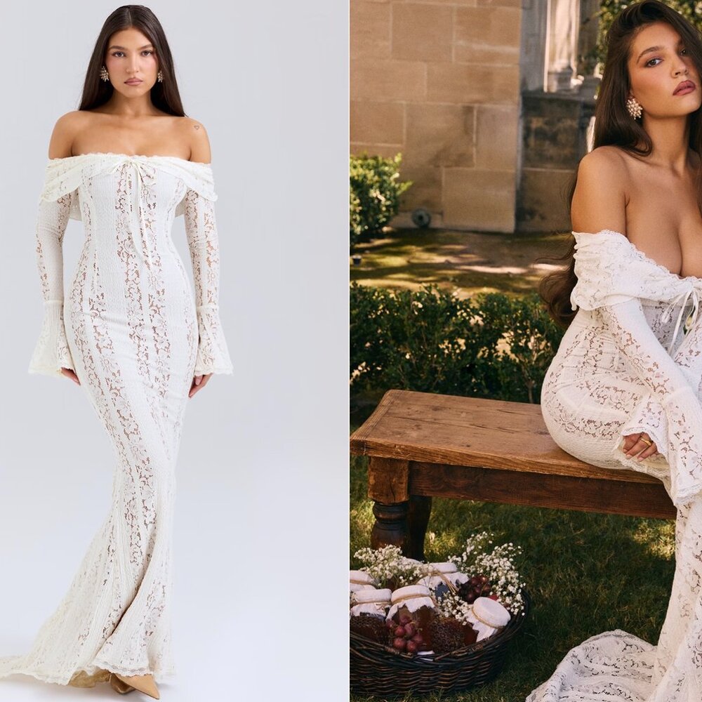 House of CB Ivory Off-Shoulder Lace Long Sleeve Gown with Flared Hem